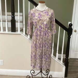 Floral Purple and  Pleated Cream Dress